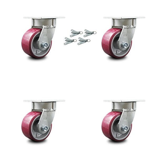 4 Inch Kingpinless Poly on Aluminum Wheel Swivel Caster Set with Swivel Locks